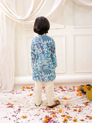 Blue printed cotton kurta pyjama set for boys 2