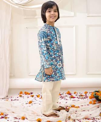 Blue printed cotton kurta pyjama set for boys 3