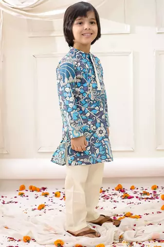 Blue printed cotton kurta pyjama set for boys