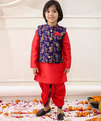 red woven slik kurta dhoti with jacket set for boy 1