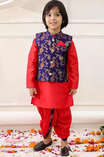 red woven slik kurta dhoti with jacket set for boy