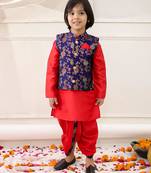 red woven slik kurta dhoti with jacket set for boy