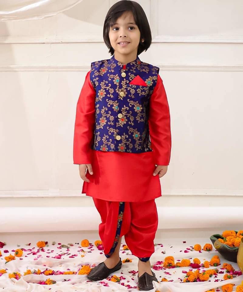 red woven slik kurta dhoti with jacket set for boy
