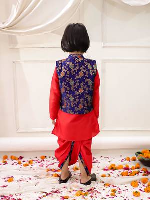 red woven slik kurta dhoti with jacket set for boy 2