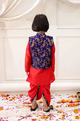 red woven slik kurta dhoti with jacket set for boy