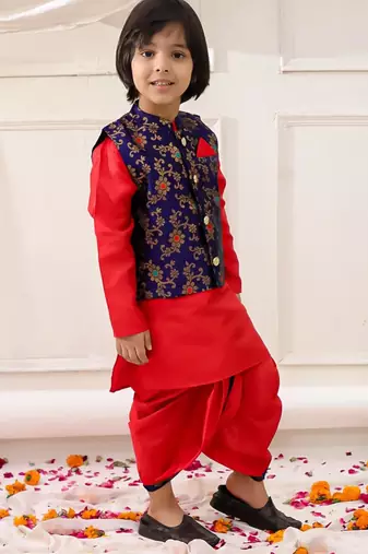red woven slik kurta dhoti with jacket set for boy