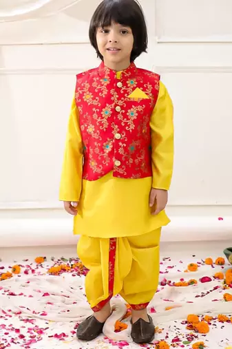 yellow woven slik kurta dhoti with jacket set for boy