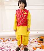 yellow woven slik kurta dhoti with jacket set for boy