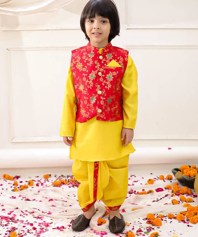 yellow woven slik kurta dhoti with jacket set for boy