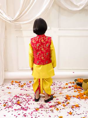 yellow woven slik kurta dhoti with jacket set for boy 2
