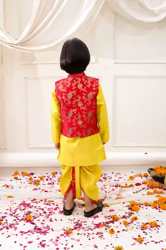 yellow woven slik kurta dhoti with jacket set for boy