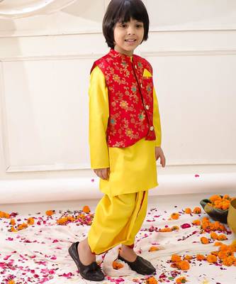yellow woven slik kurta dhoti with jacket set for boy 3