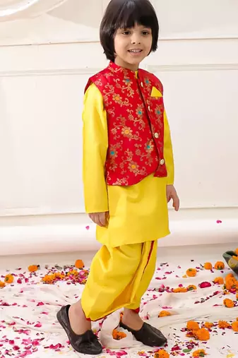 yellow woven slik kurta dhoti with jacket set for boy