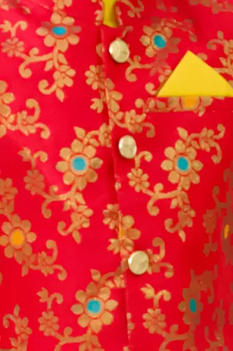 yellow woven slik kurta dhoti with jacket set for boy