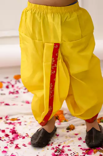 yellow woven slik kurta dhoti with jacket set for boy
