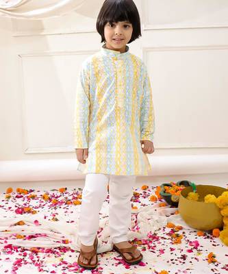 Yellow embroidered cotton thread kurta pajama set for boy 1