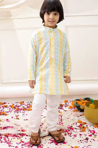 Yellow embroidered cotton thread kurta pajama set for boy