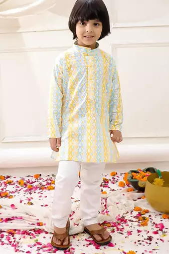 Yellow embroidered cotton thread kurta pajama set for boy