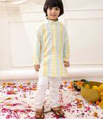 Yellow embroidered cotton thread kurta pajama set for boy