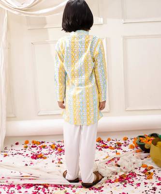 Yellow embroidered cotton thread kurta pajama set for boy 2