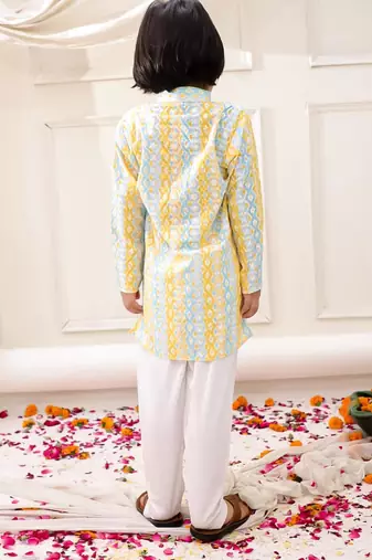 Yellow embroidered cotton thread kurta pajama set for boy