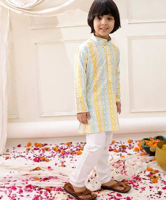 Yellow embroidered cotton thread kurta pajama set for boy 3