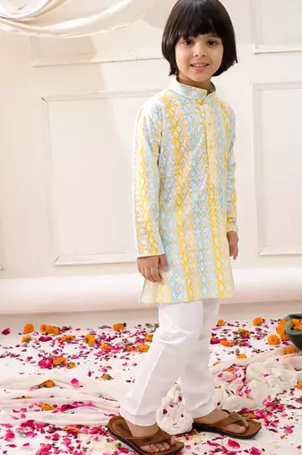 Yellow embroidered cotton thread kurta pajama set for boy