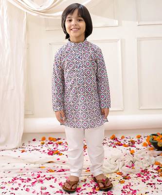 Multi embroidered cotton thread kurta pajama set for boy 1