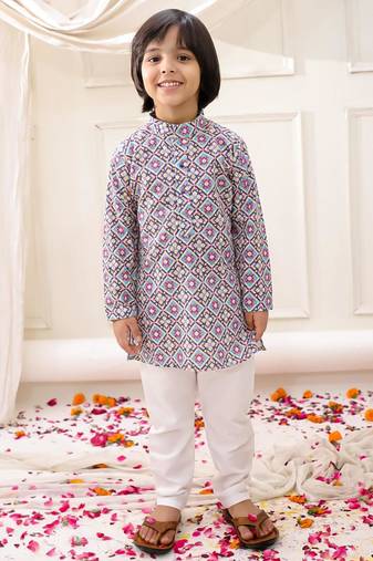 Multi embroidered cotton thread kurta pajama set for boy
