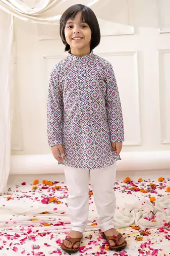 Multi embroidered cotton thread kurta pajama set for boy