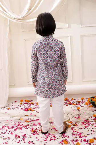 Multi embroidered cotton thread kurta pajama set for boy