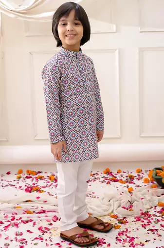Multi embroidered cotton thread kurta pajama set for boy