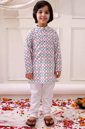 Multi embroidered cotton thread kurta pajama set for boy