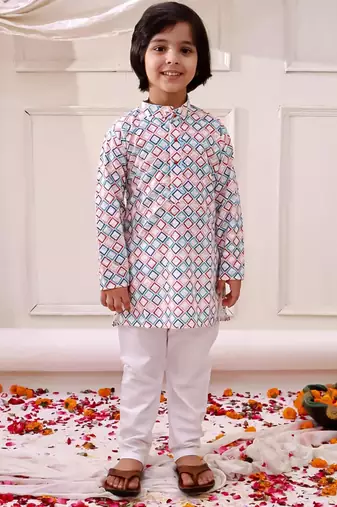 Multi embroidered cotton thread kurta pajama set for boy