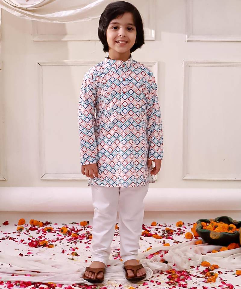 Multi embroidered cotton thread kurta pajama set for boy