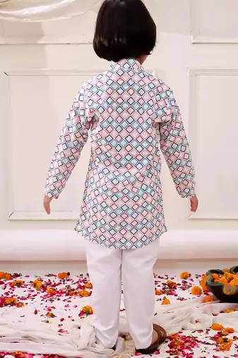 Multi embroidered cotton thread kurta pajama set for boy