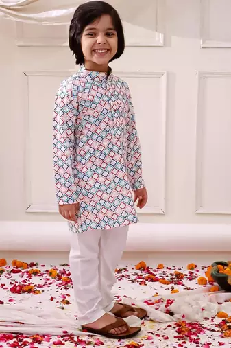 Multi embroidered cotton thread kurta pajama set for boy