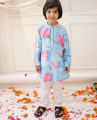 Blue printed silk floral kurta pyjama set for boys 1