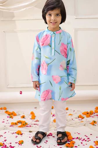 Blue printed silk floral kurta pyjama set for boys