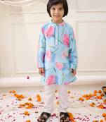 Blue printed silk floral kurta pyjama set for boys