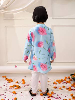 Blue printed silk floral kurta pyjama set for boys 2