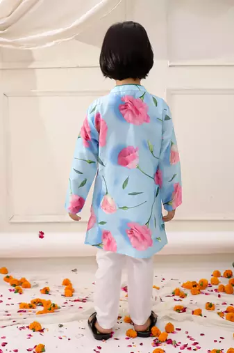 Blue printed silk floral kurta pyjama set for boys