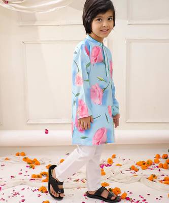 Blue printed silk floral kurta pyjama set for boys 3
