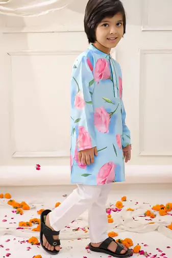 Blue printed silk floral kurta pyjama set for boys