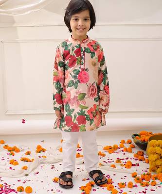 Peach printed silk floral kurta pyjama set for boys 1