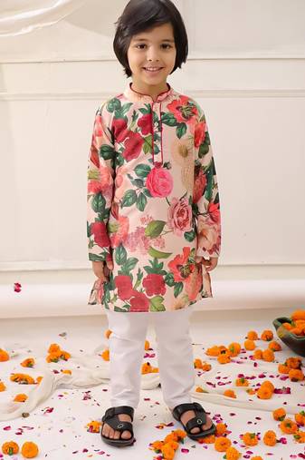 Peach printed silk floral kurta pyjama set for boys