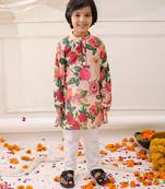 Peach printed silk floral kurta pyjama set for boys