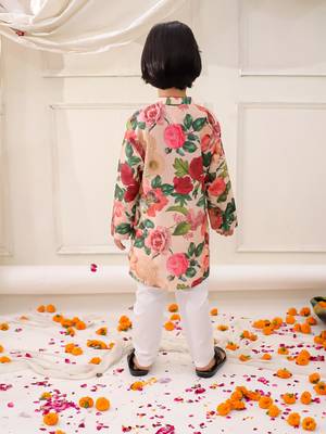 Peach printed silk floral kurta pyjama set for boys 2