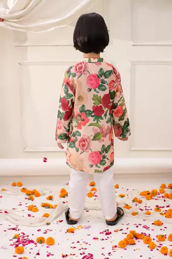 Peach printed silk floral kurta pyjama set for boys