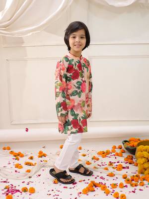Peach printed silk floral kurta pyjama set for boys 3